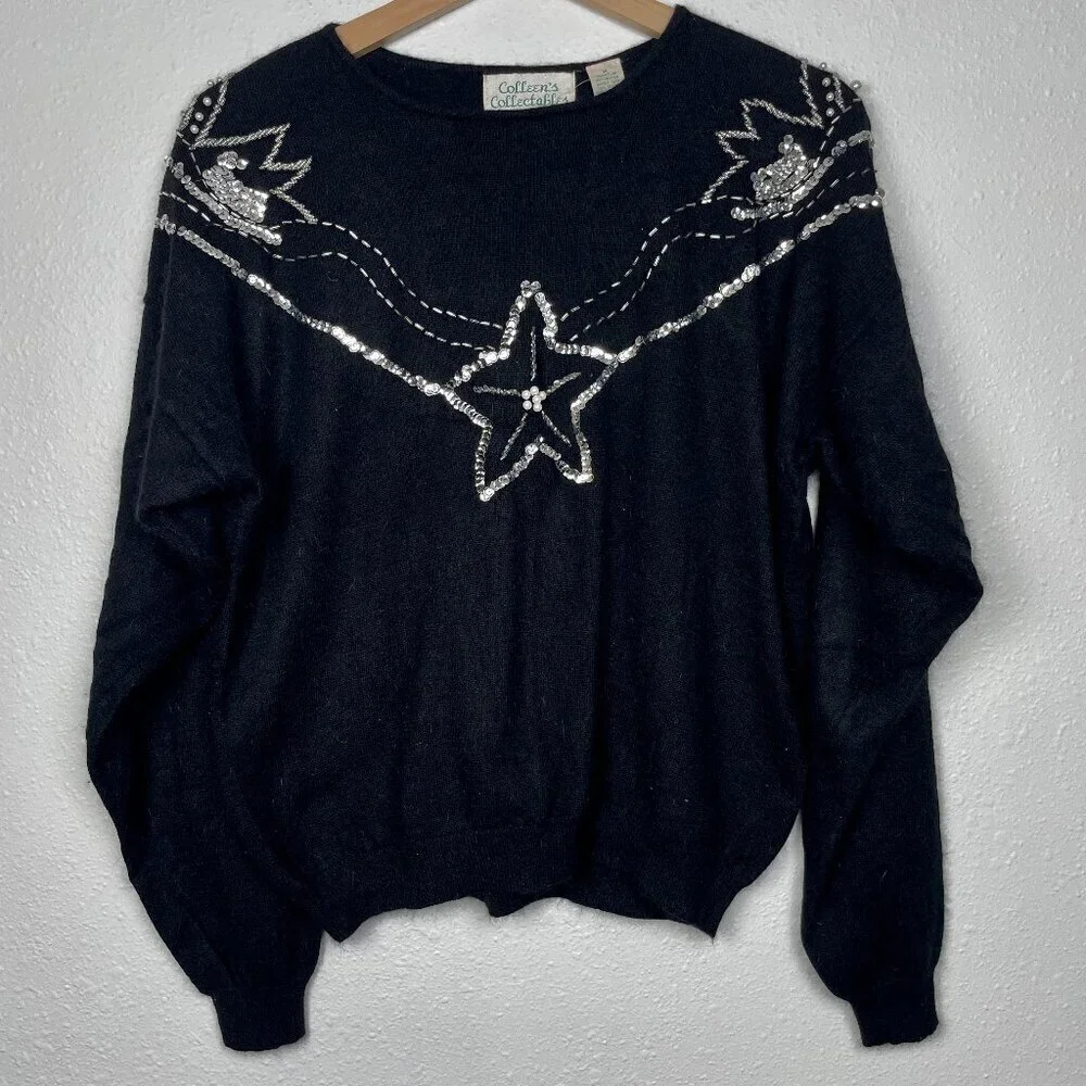 Vintage 80s Angora Rabbit Hair Sweater with Rhinestone and Sequin Embellishments